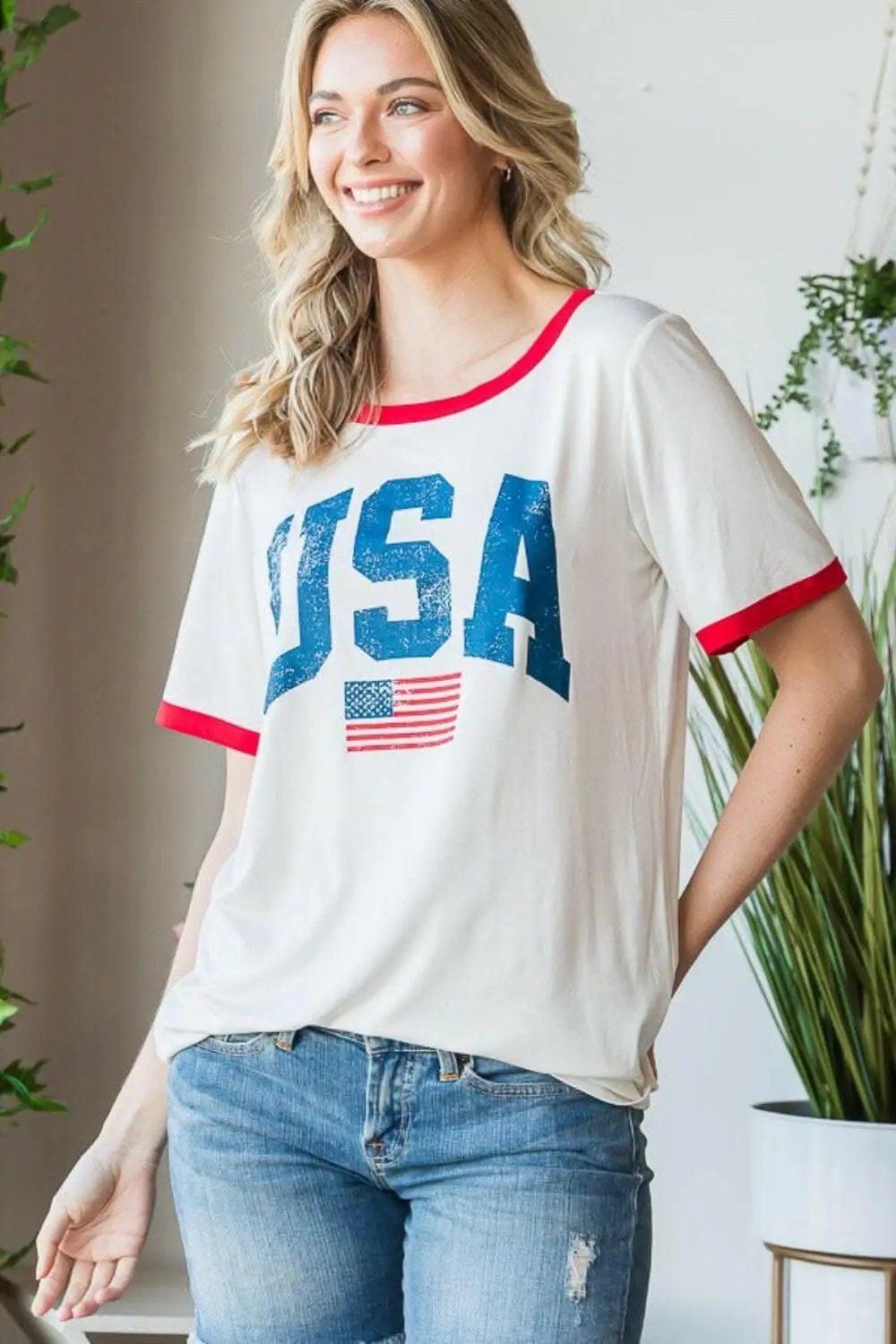 Heimish Full Size USA Contrast Trim Short Sleeve T-Shirt - Love Salve